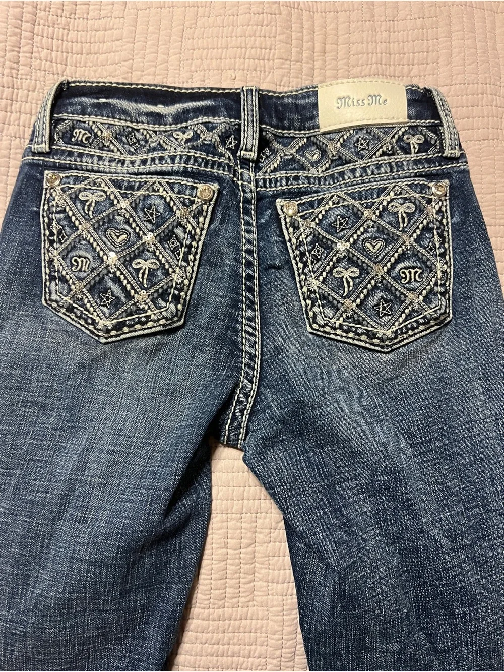 Miss Me Dark Blue Faded Girls' Jeans with White Contrast Stitching